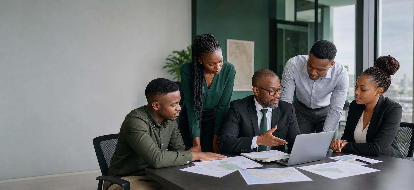 Young African graduate trainees collaborating with an experienced mentor on a risk analysis project