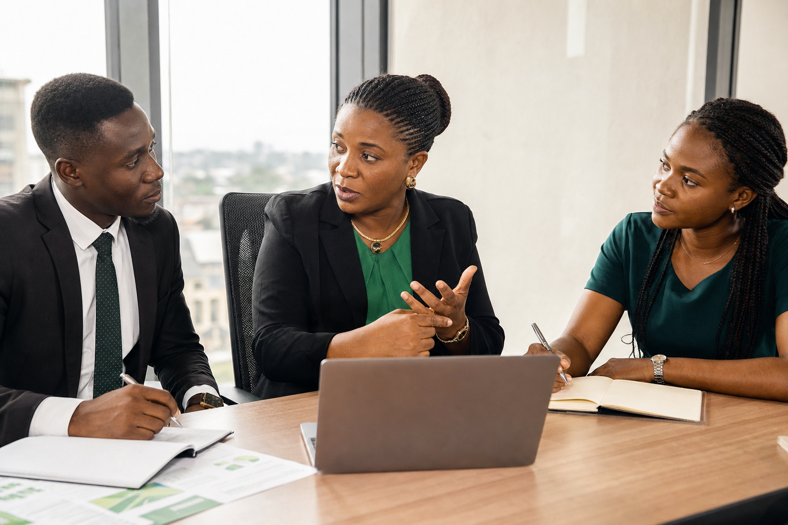 African mentor leading a professional development session with two graduate trainees